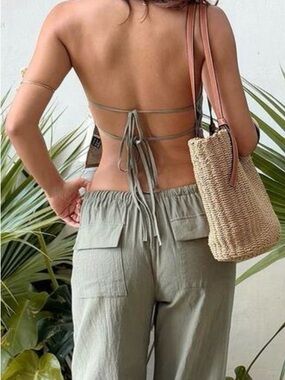 SHEIN Olive Green Halter Crop Top and Pants Set